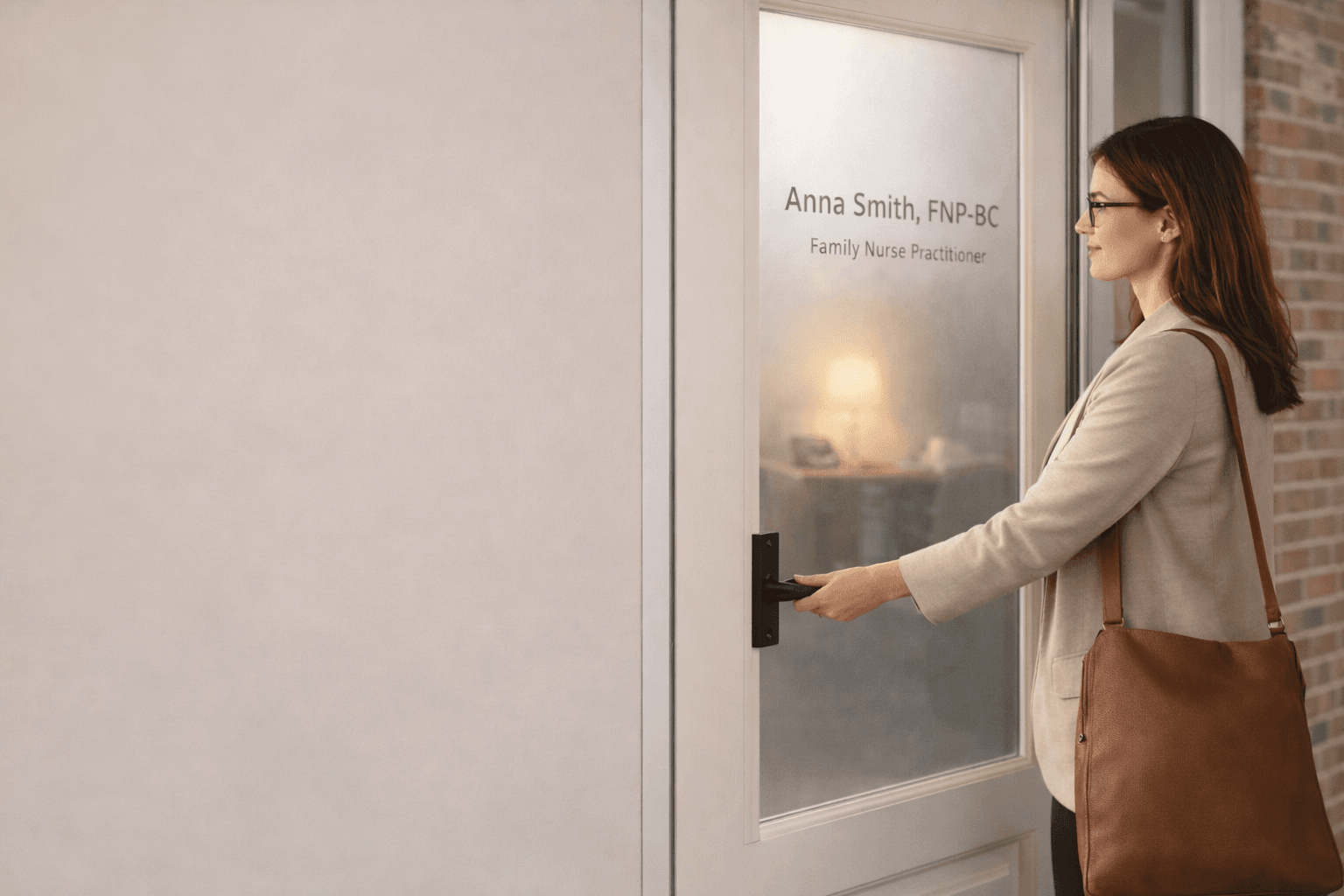 A nurse practitioner opening the door of her own practice, her name on the glass