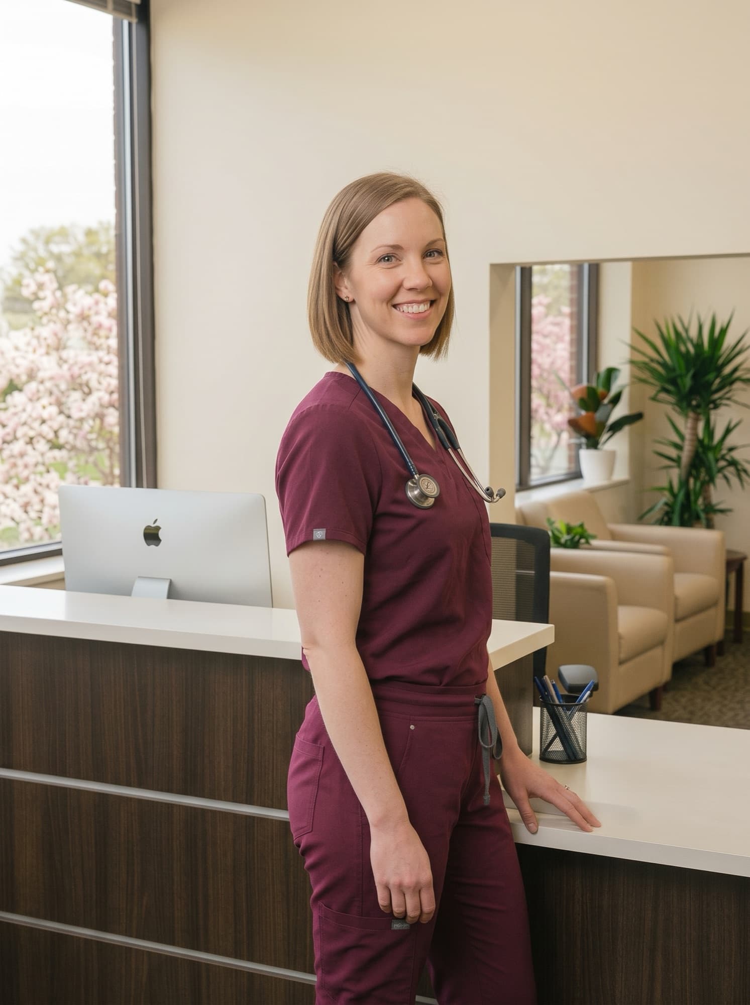 A smiling clinician in maroon scrubs with a stethoscope, standing at the front desk of a bright clinic