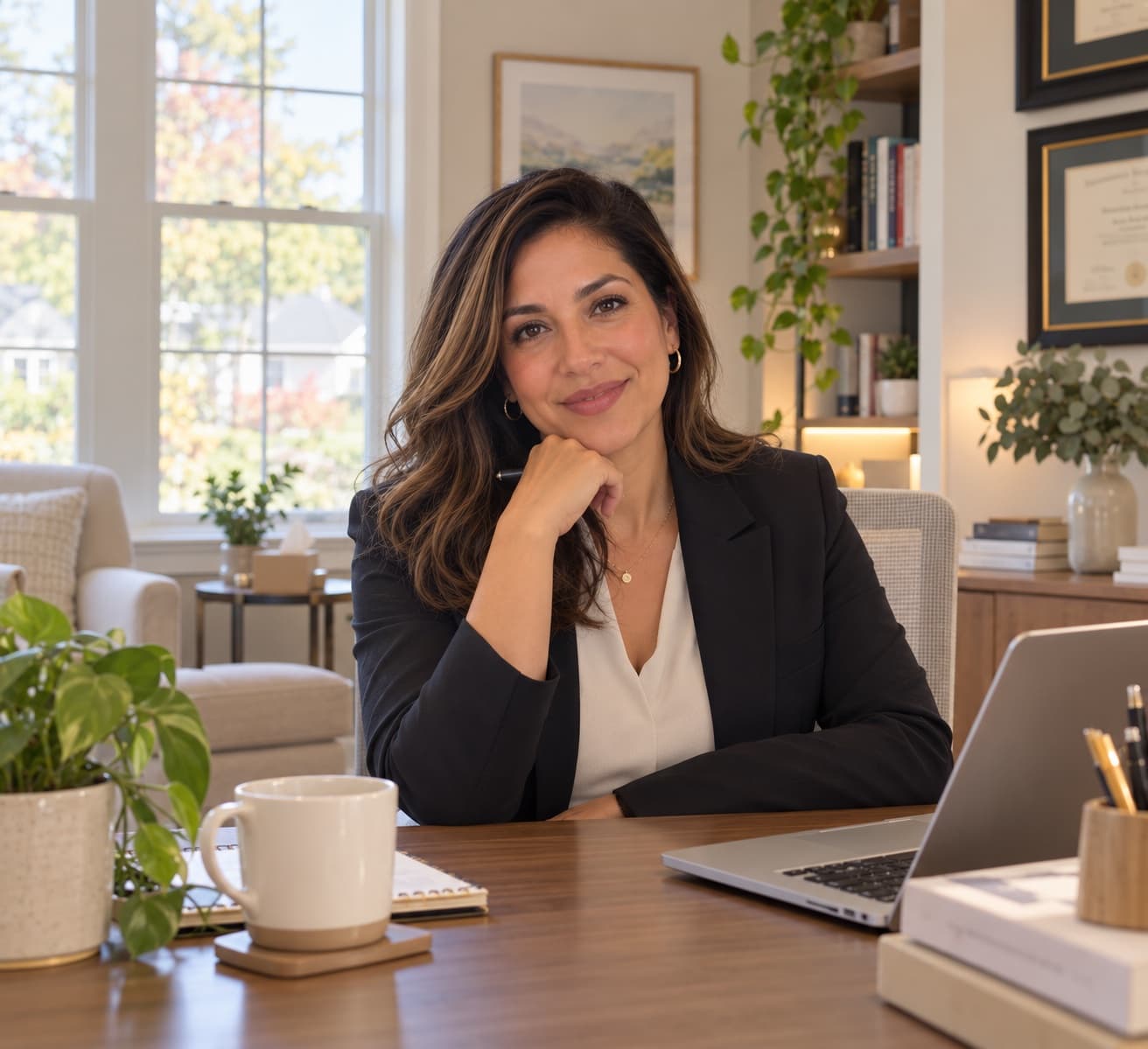 A smiling clinician in a dark blazer sitting at her desk in a bright, plant-filled office, resting her chin on her hand