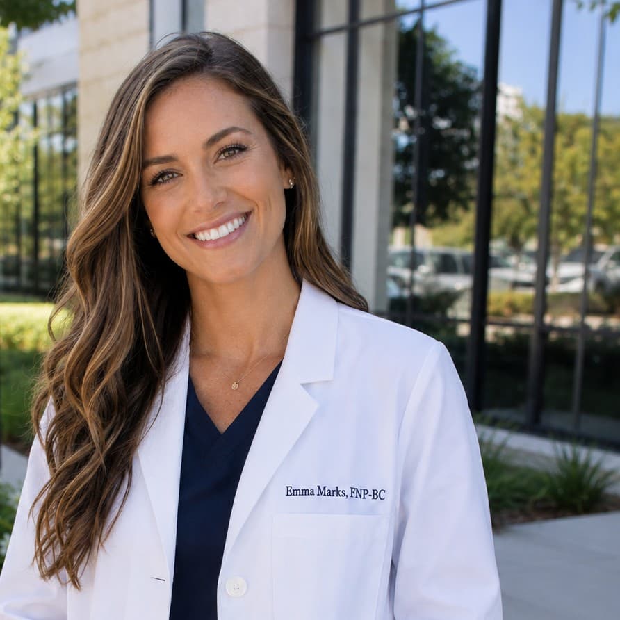 A nurse practitioner in a white coat outside her practice, her name and FNP-BC credential embroidered on the pocket
