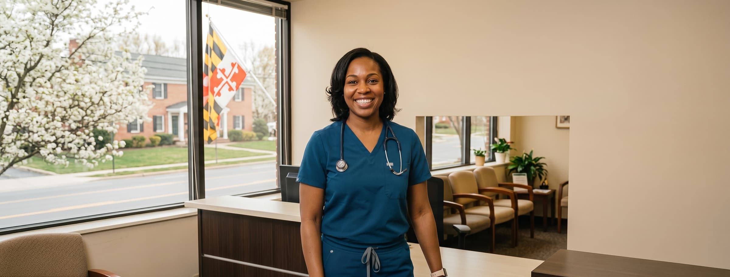 A smiling clinician in teal scrubs standing in a bright clinic reception area, a Maryland flag visible through the window