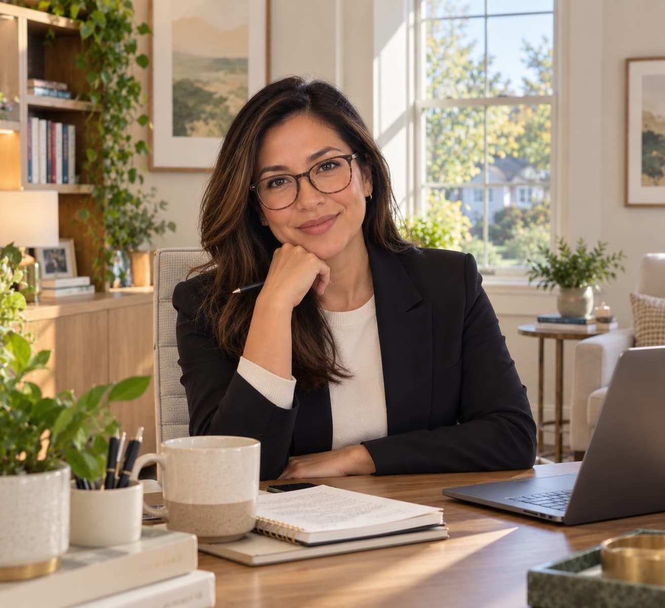 A smiling clinician in glasses and a dark blazer sitting at her desk in a sunlit office, resting her chin on her hand