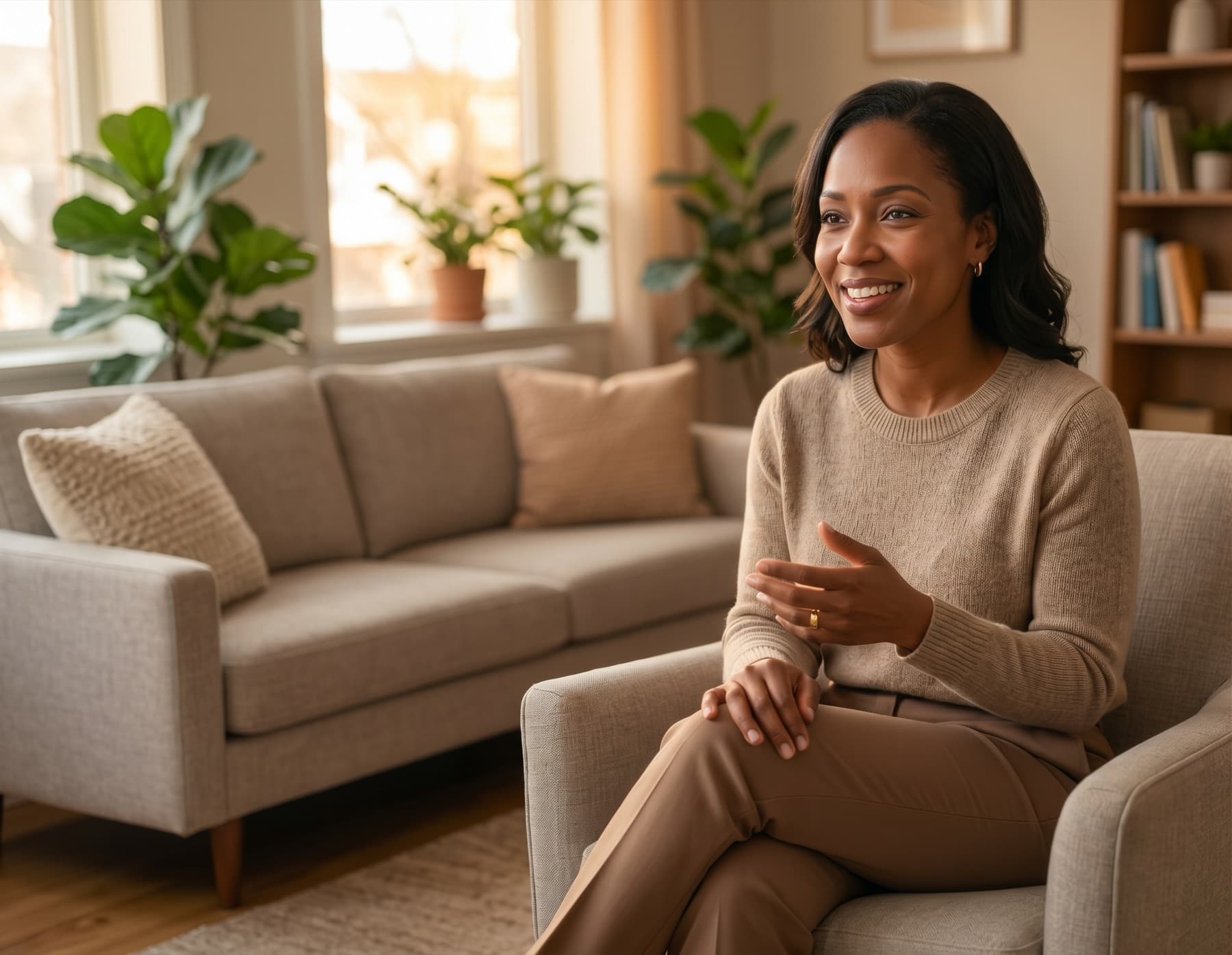 A smiling woman talking with someone in a bright, calm consultation room