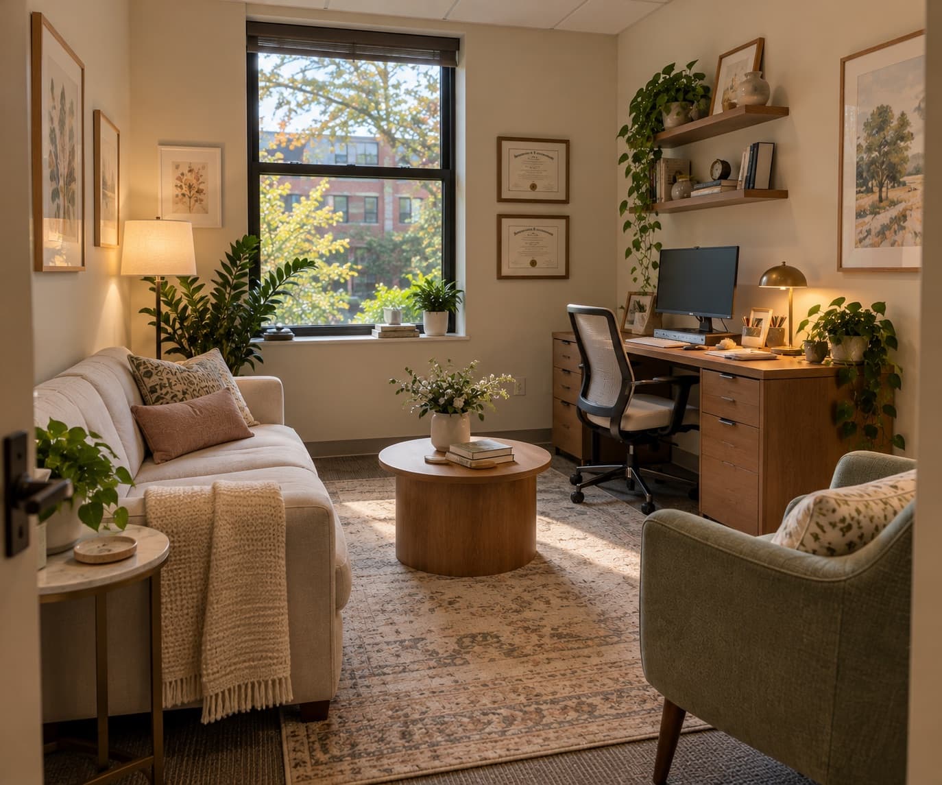 A calm, sunlit counseling room with a sofa, armchair, and desk